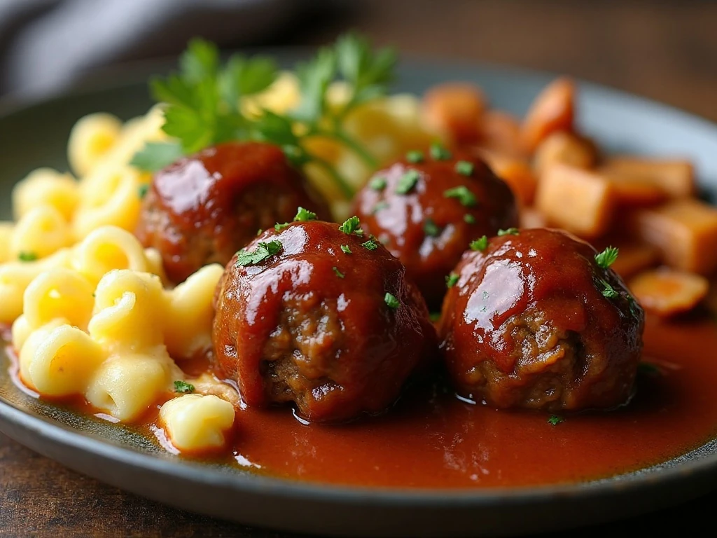 Glazed meatloaf meatballs with mashed potatoes noodles and vegetables