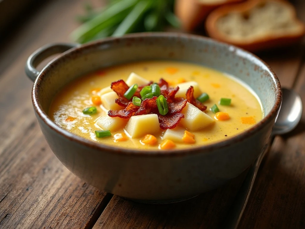 Bowl of creamy Cheddar potato soup with bacon and green onions