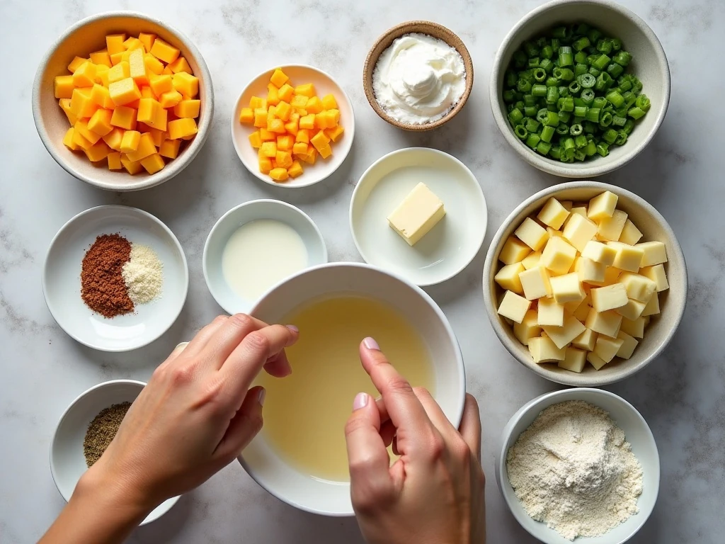 Ingredients for creamy Cheddar potato soup arranged for cooking