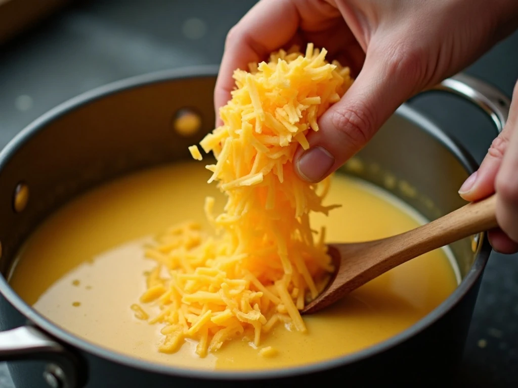 Adding freshly shredded Cheddar to creamy potato soup