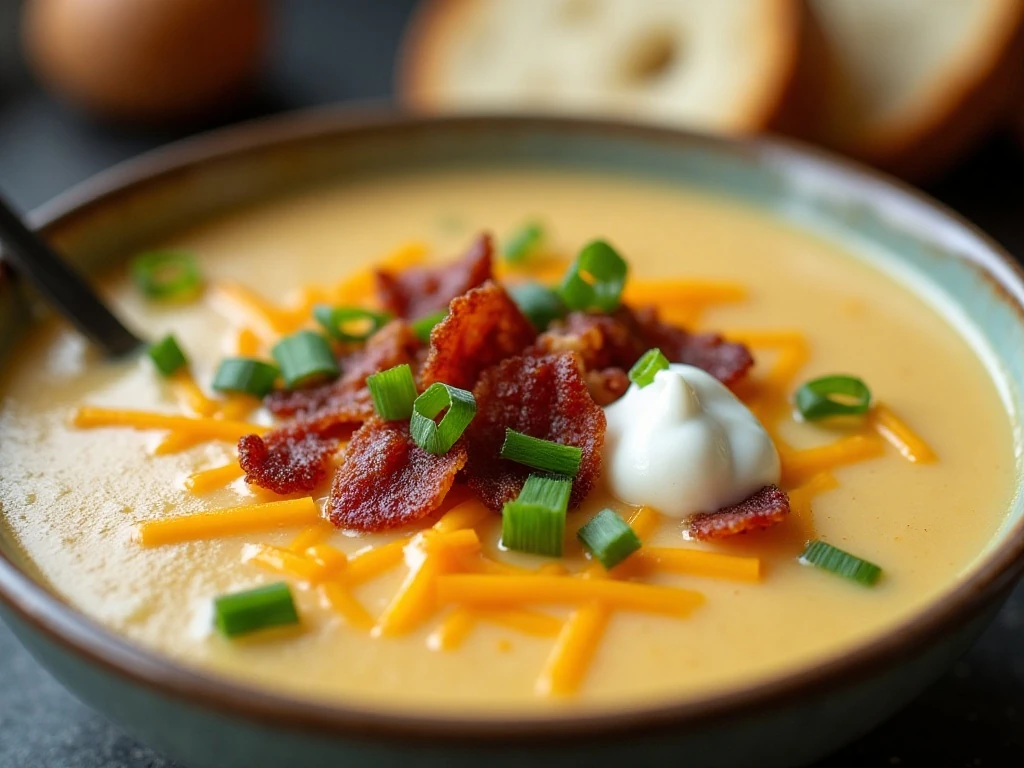 Garnished creamy Cheddar potato soup ready to serve