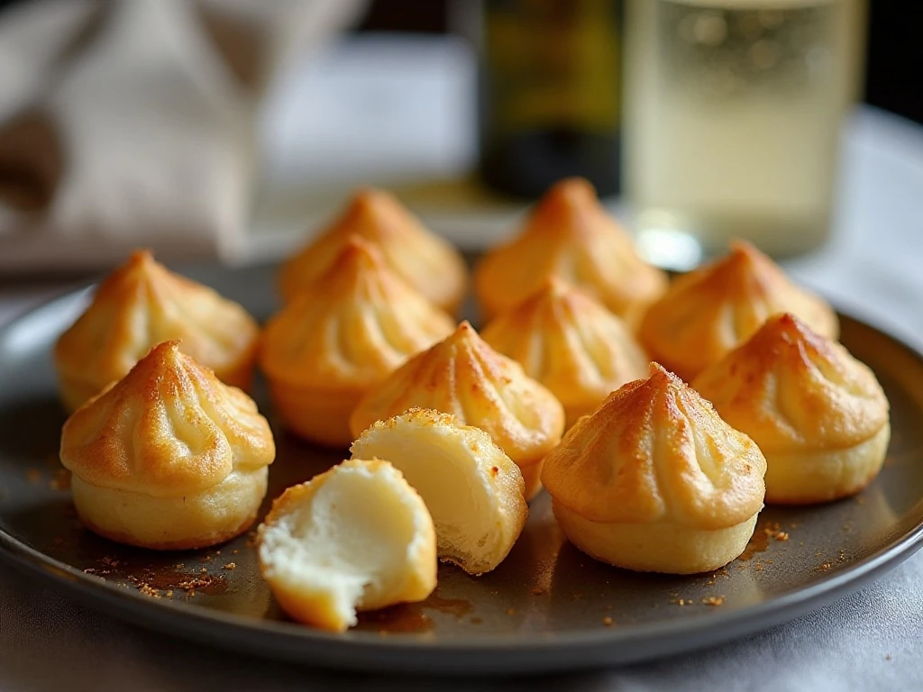 Golden French gougères arranged on an appetizer platter
