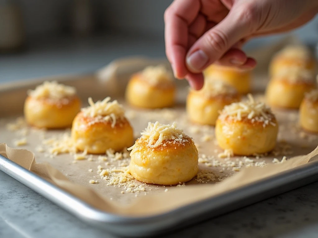 Preparing piped gougère dough with grated Gruyère