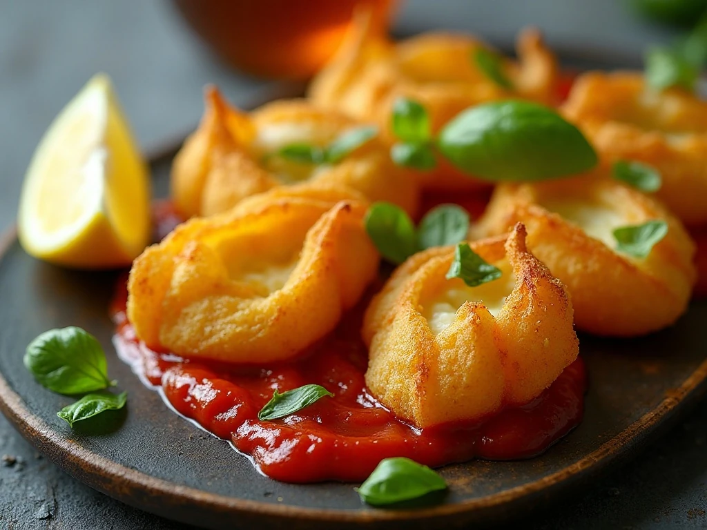 Golden cheese-stuffed squash blossoms served with marinara and lemon