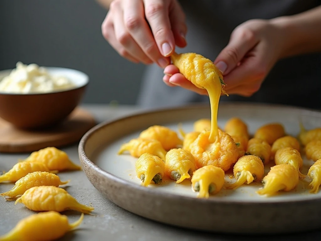 Filling and battering squash blossoms for frying