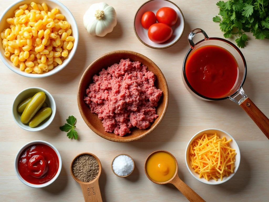 Ingredients for easy cheeseburger casserole arranged on a kitchen counter