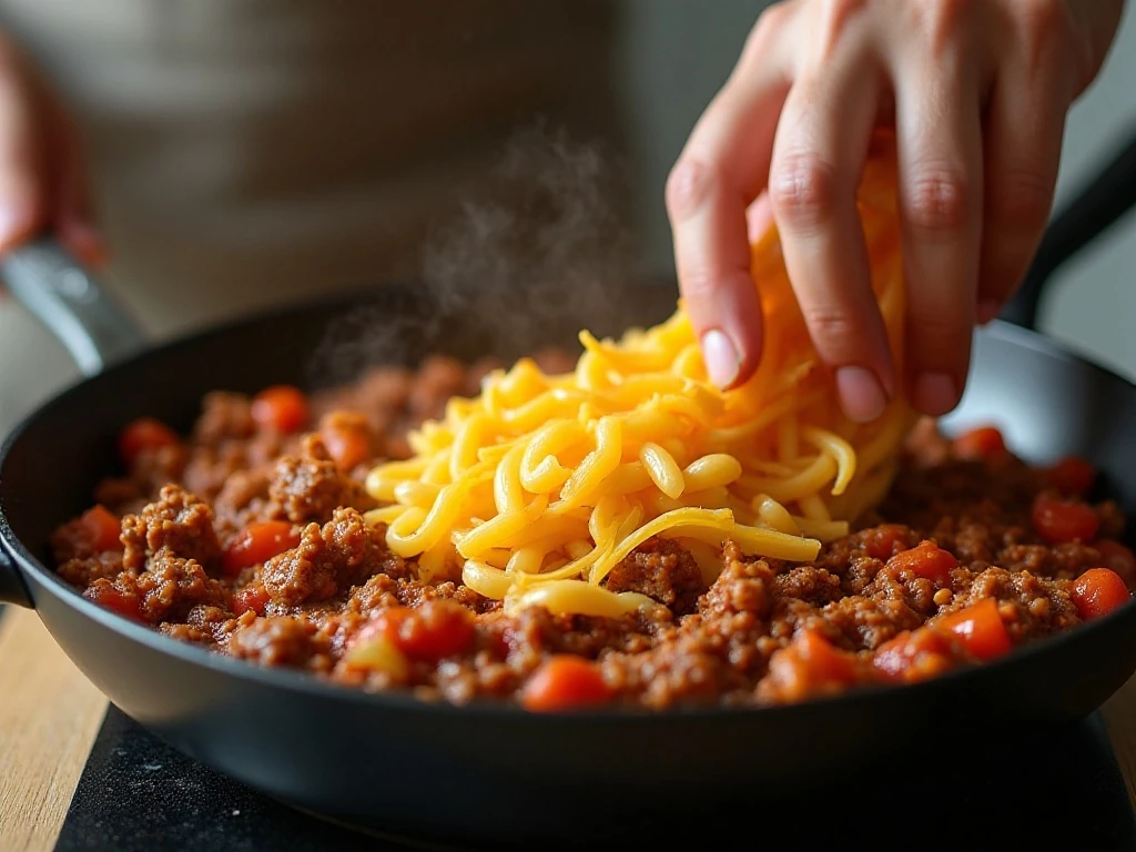Beef sauce and macaroni being combined for cheeseburger casserole