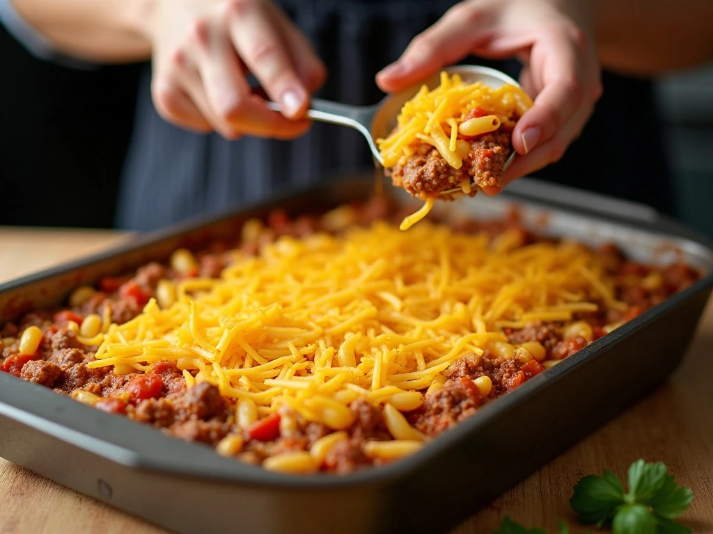 Cheddar cheese being added to cheeseburger casserole before baking