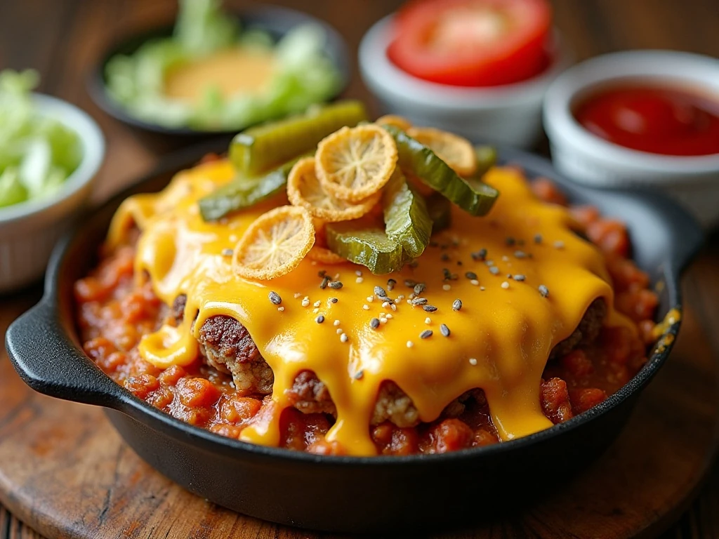 Cheeseburger casserole with pickles tomatoes lettuce and classic toppings