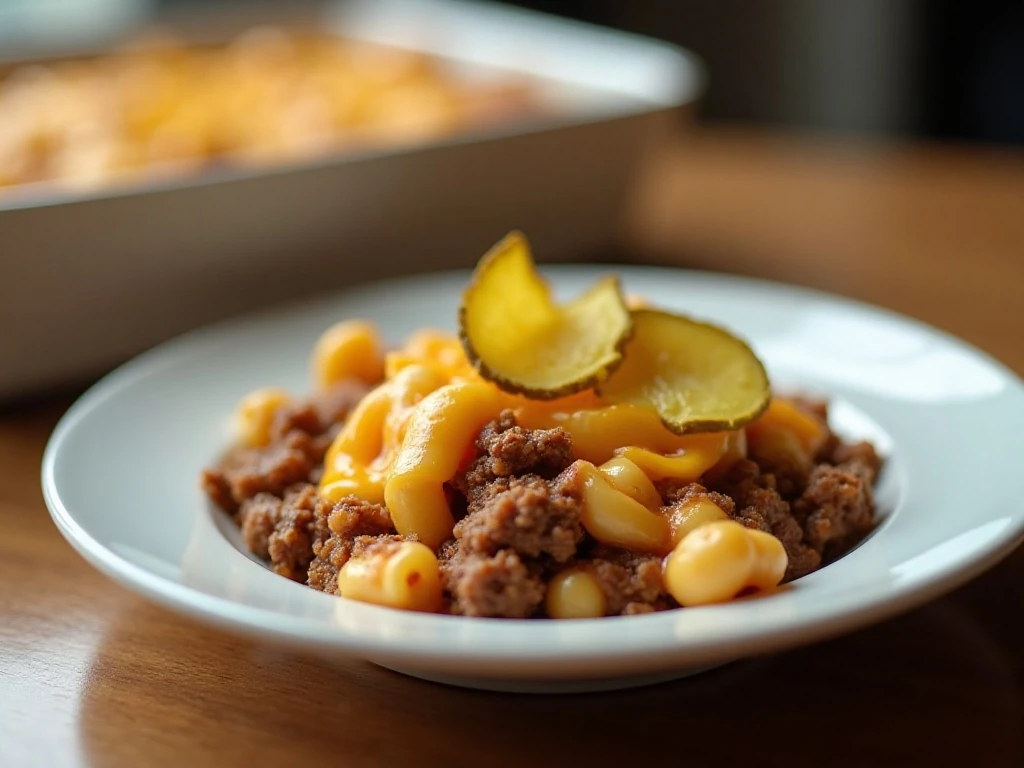 Serving of cheeseburger casserole ready for dinner