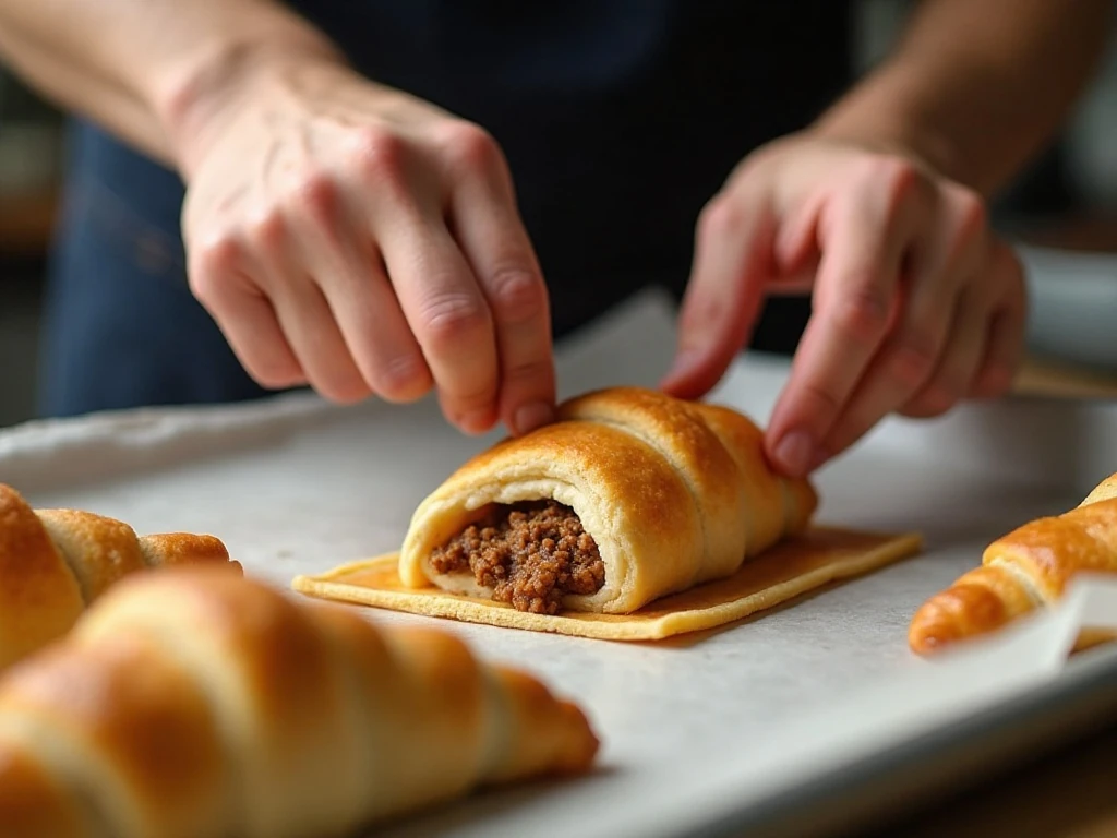 Filling crescent dough with cheeseburger mixture