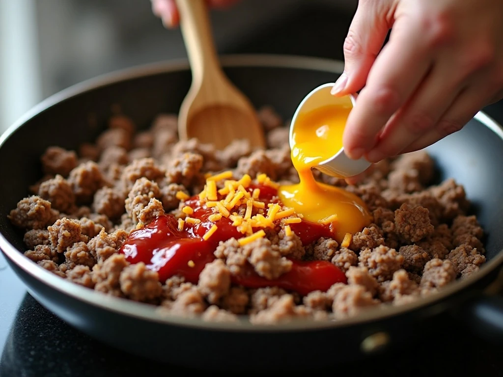 Mixing drained beef with ketchup mustard and Cheddar