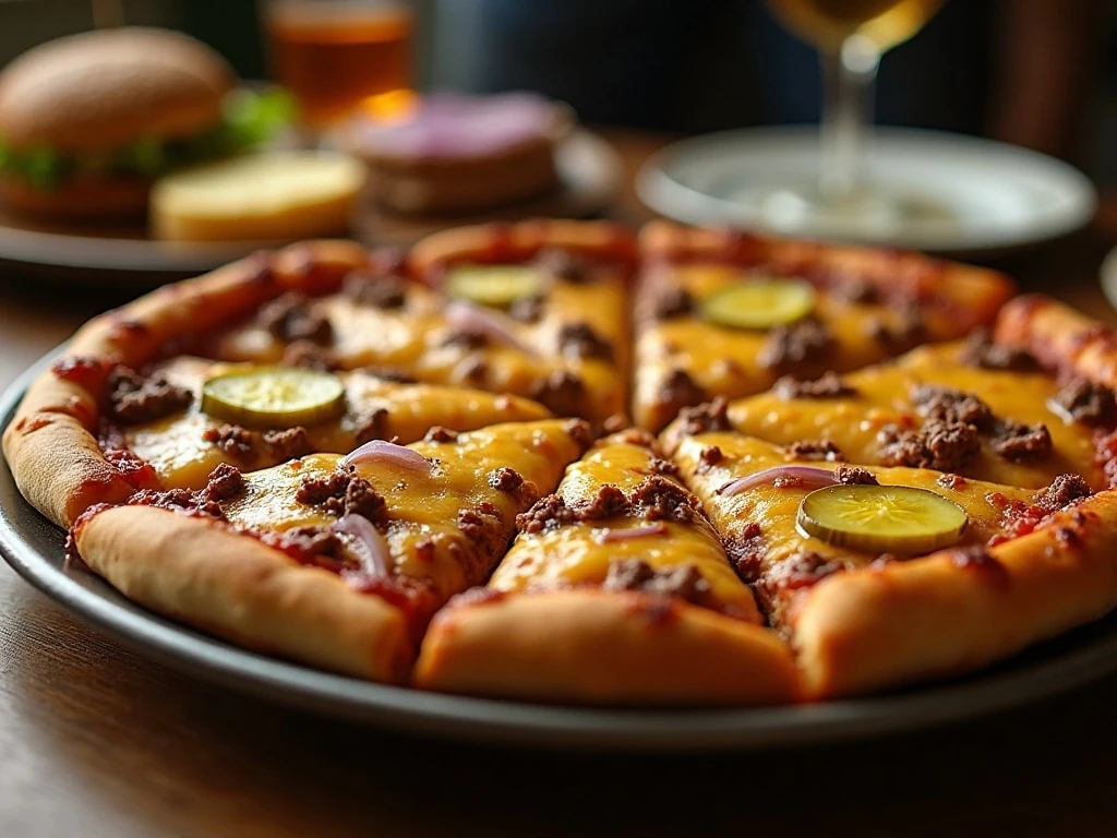 Square slices of homemade cheeseburger pizza ready for a family dinner