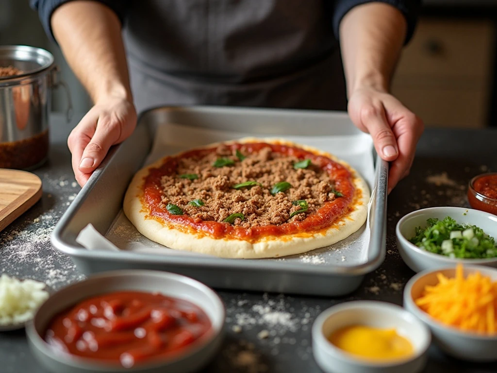 Preparing pizza dough and cheeseburger pizza toppings in a rimmed pan