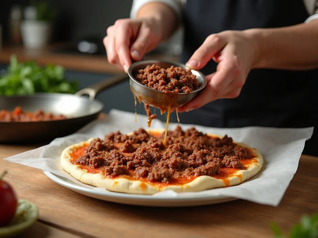 Draining cooked ground beef before adding it to cheeseburger pizza