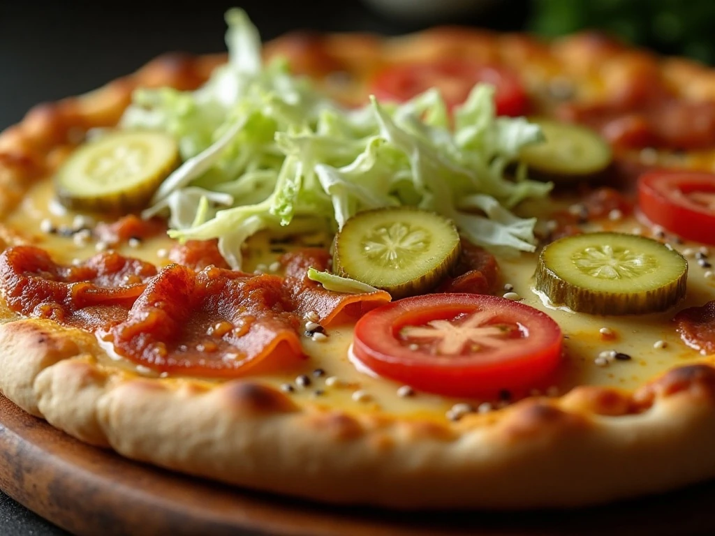 Adding pickle slices and optional toppings to baked cheeseburger pizza