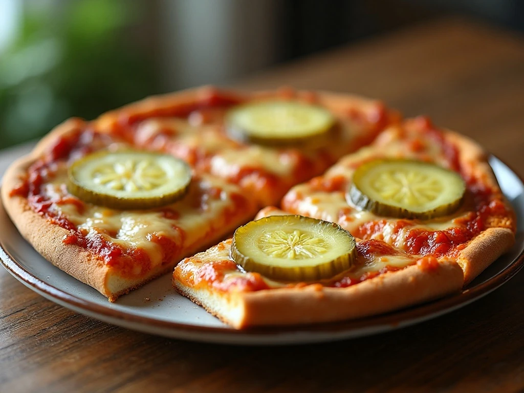 Reheated cheeseburger pizza squares with fresh pickle slices