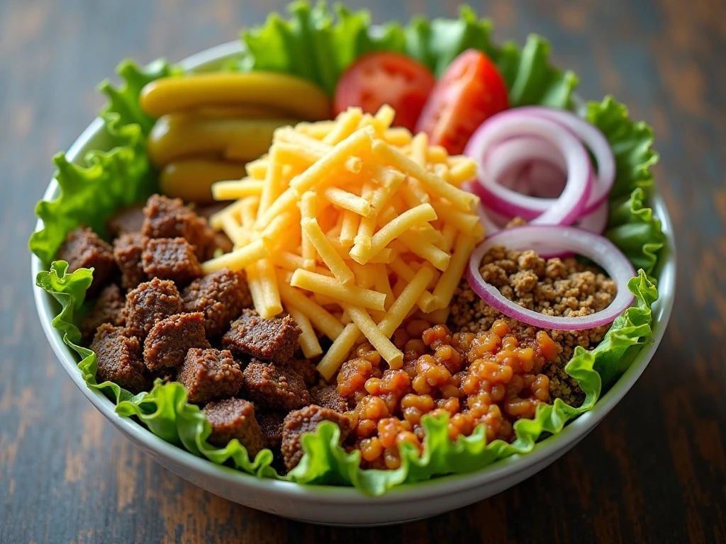 Low-carb cheeseburger salad with seasoned beef, cheddar, pickles, tomatoes, and burger dressing