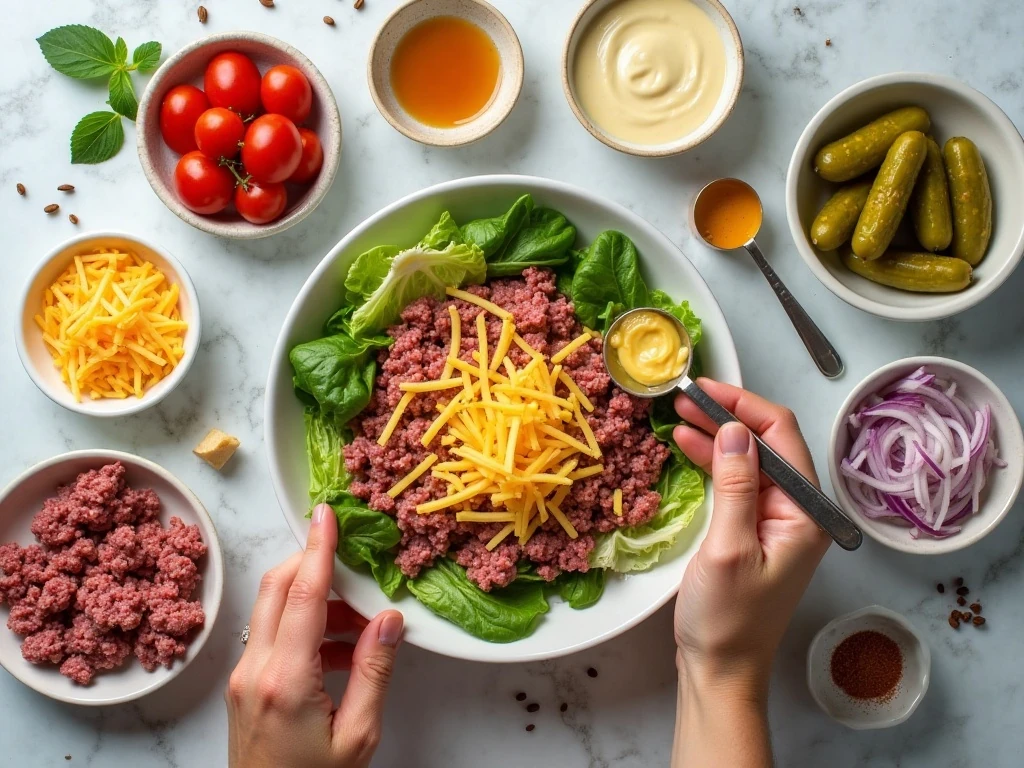 Ingredients for an easy cheeseburger salad recipe