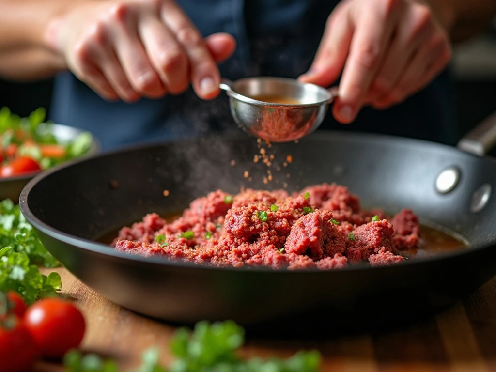 Cooking seasoned ground beef for cheeseburger salad