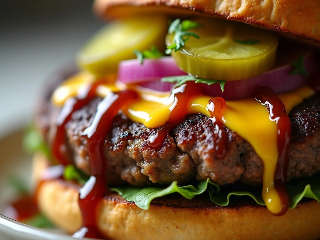 Close-up of browned beef, cheddar, pickles, and burger sauce