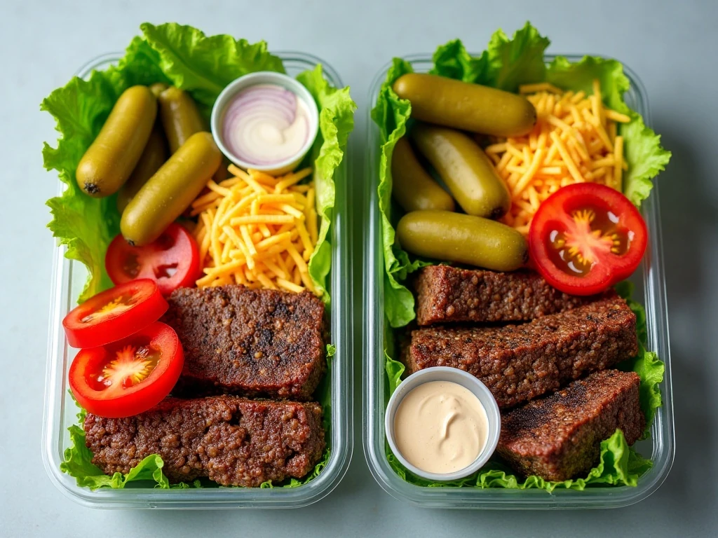 Cheeseburger salad meal prep components stored separately