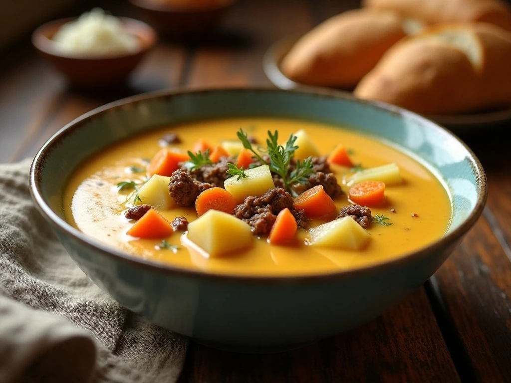 Creamy cheeseburger soup served as a cozy dinner with crusty bread