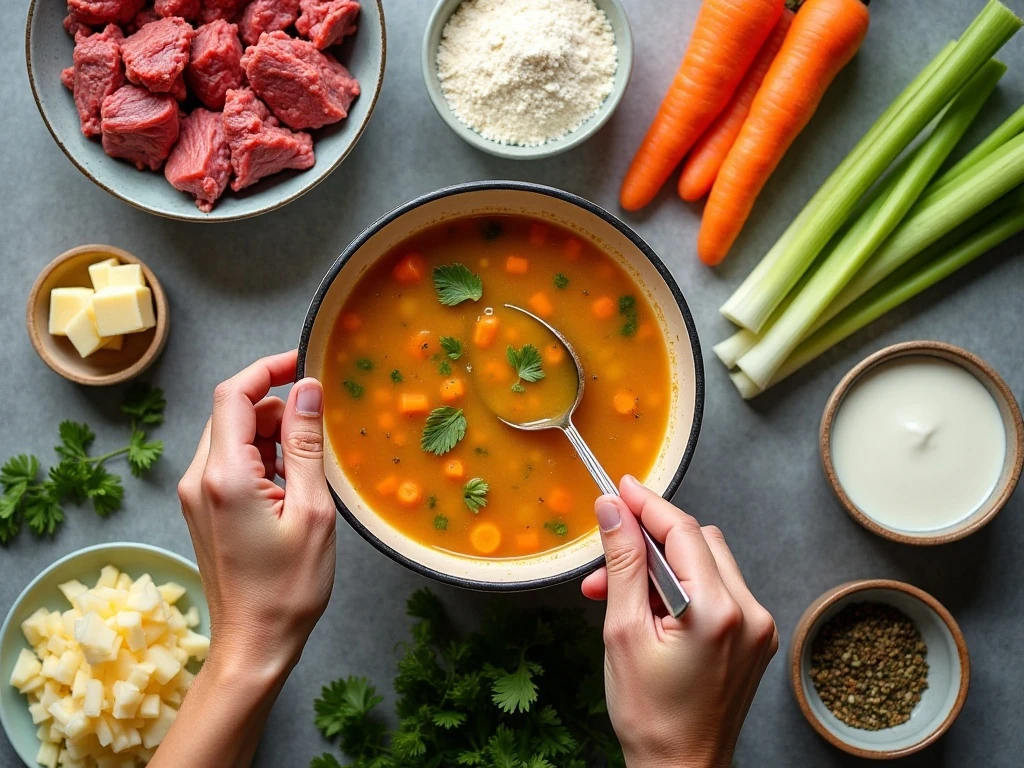 Ingredients for creamy cheeseburger soup arranged on a kitchen counter
