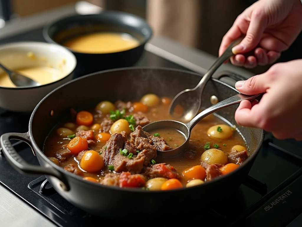 Cheeseburger soup ingredients simmering in a Dutch oven