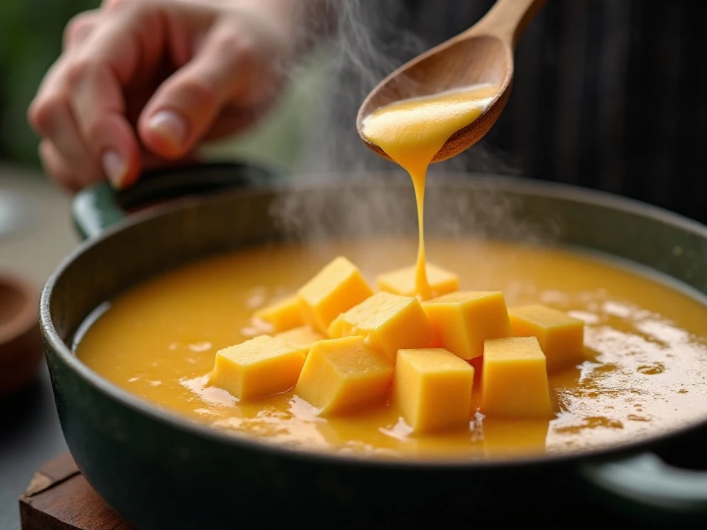 Processed cheese melting into cheeseburger soup over low heat