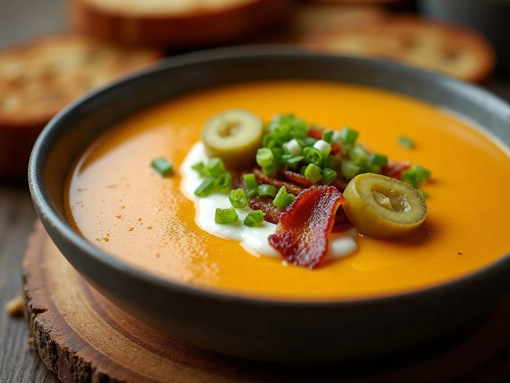 Cheeseburger soup topped with pickles, bacon, green onions, and sour cream