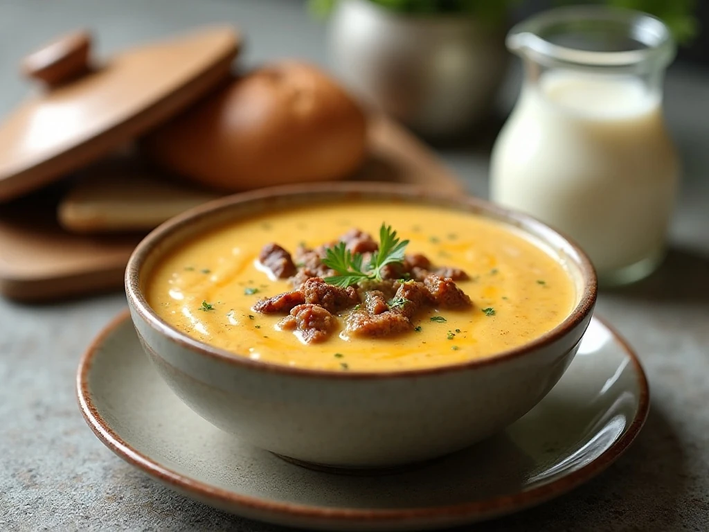 Creamy cheeseburger soup ready to serve with storage and reheating ingredients