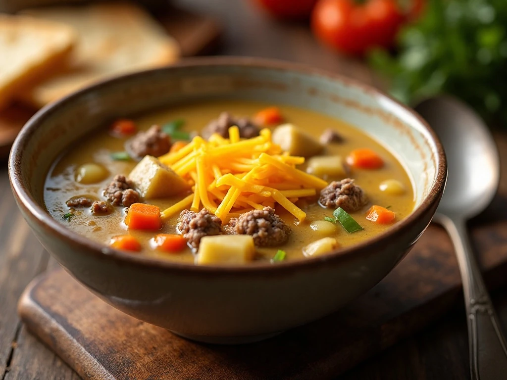 Creamy cheeseburger soup served as a cozy dinner
