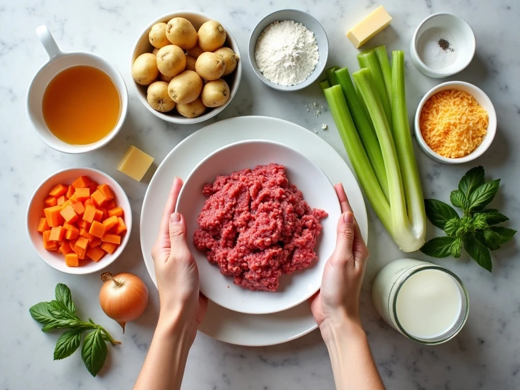 Ingredients for easy cheeseburger soup arranged for cooking