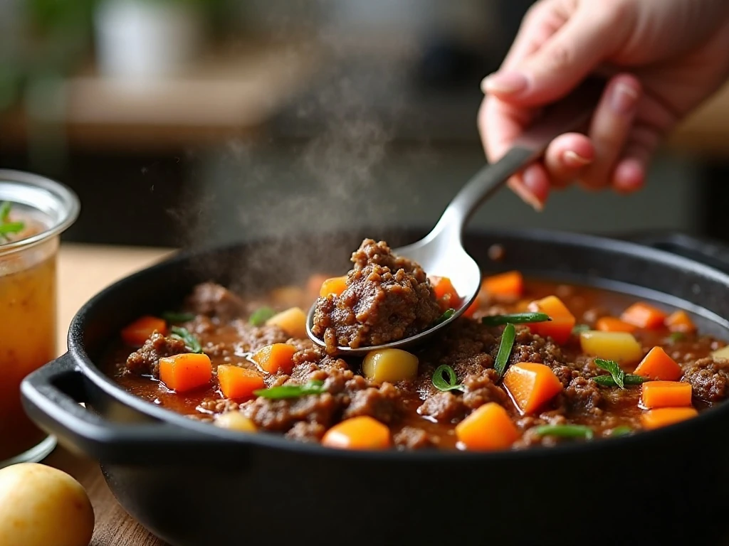 Cooking ground beef and vegetables for cheeseburger soup