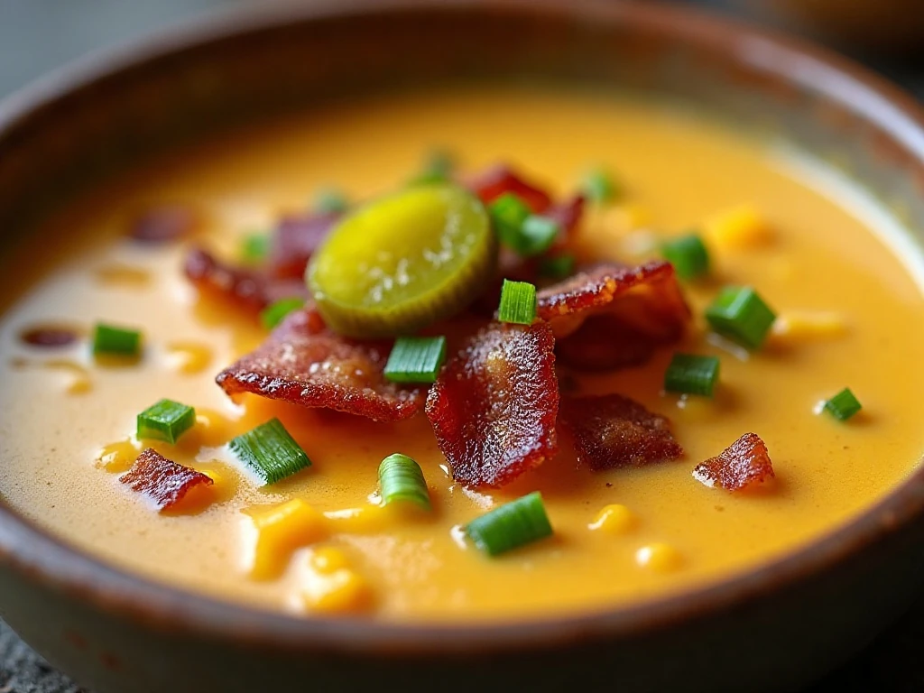 Cheeseburger soup with bacon, pickles, cheddar, and bun croutons