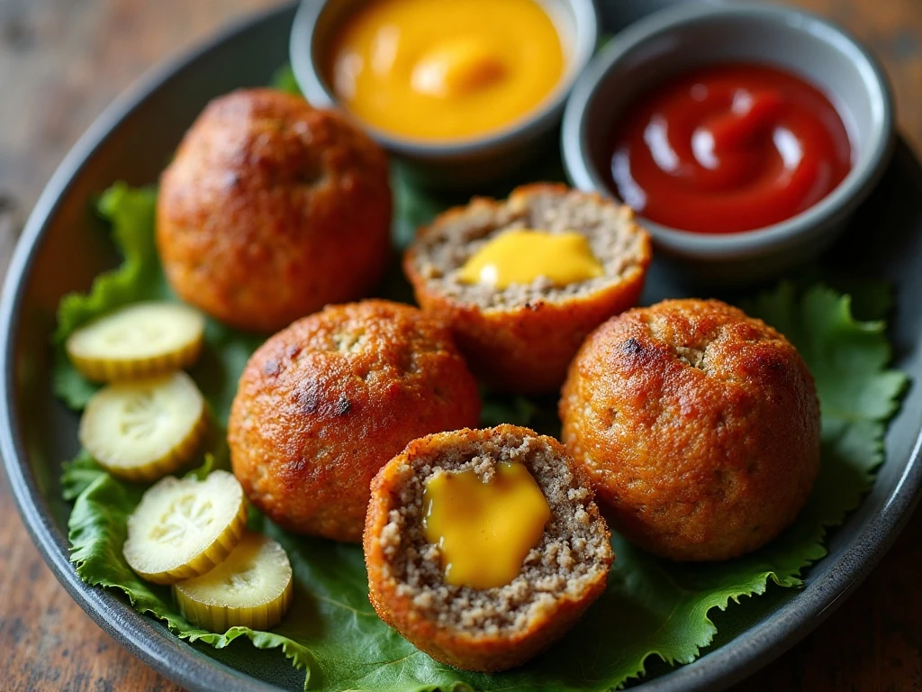 Cheeseburger stuffed meatballs with melted cheddar centers and dipping sauces