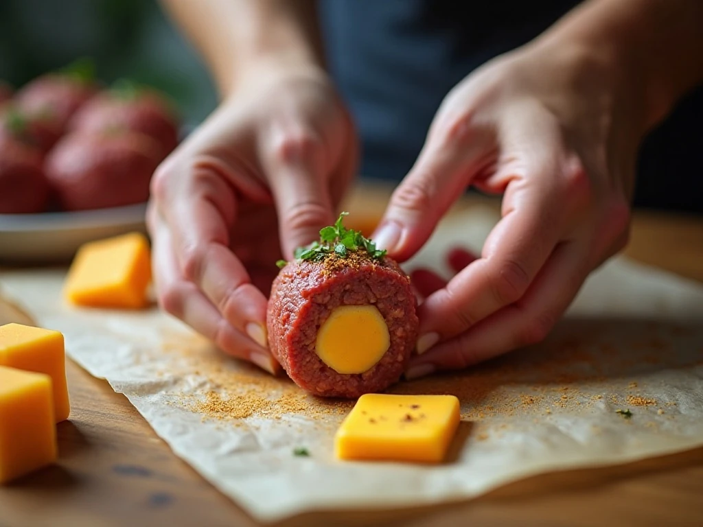Stuffing ground beef around cheddar cubes to make cheeseburger meatballs