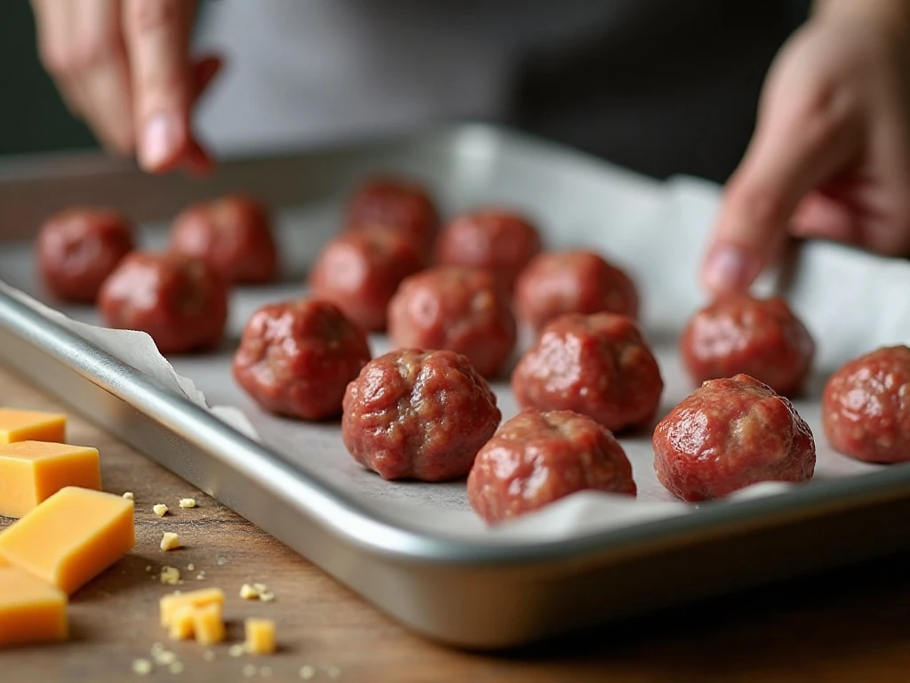 Sealed cheeseburger meatballs ready for baking