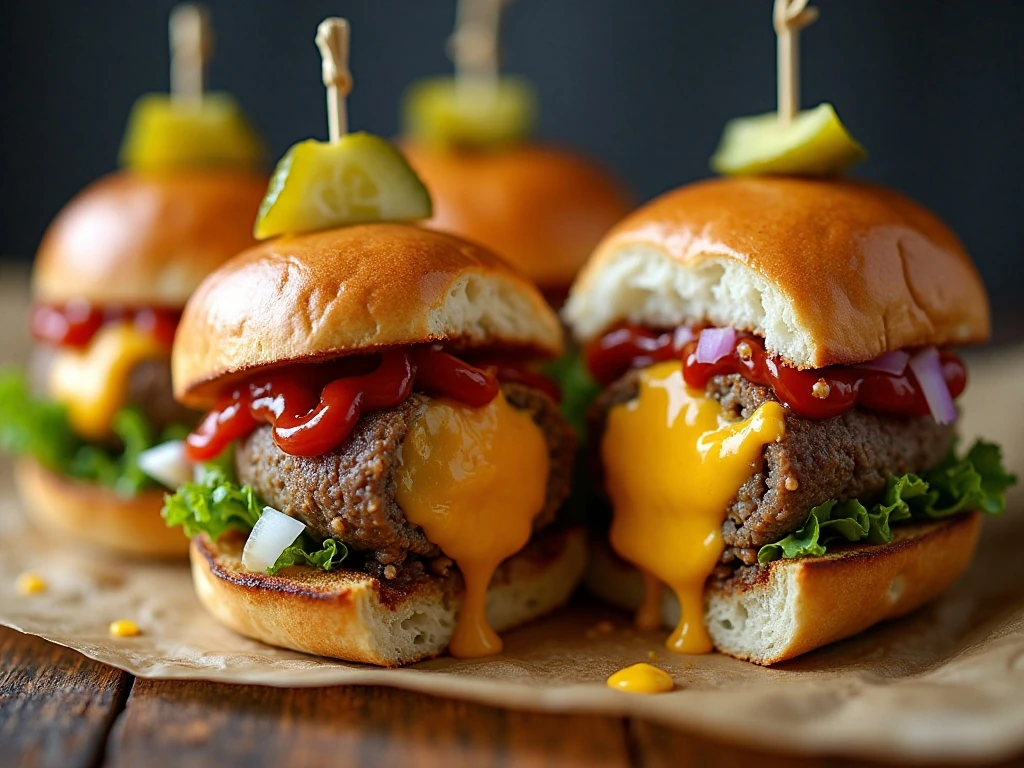 Cheeseburger meatball sliders with pickles lettuce onion and mustard