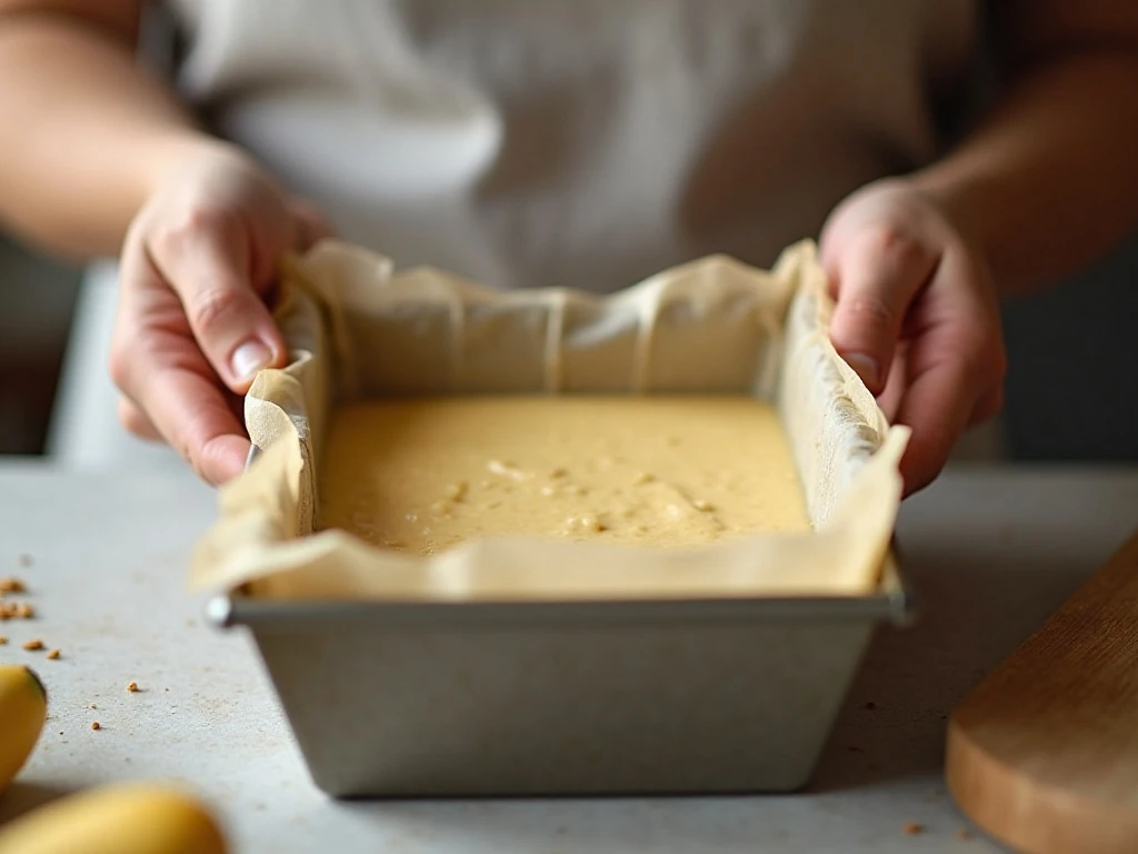 Layering banana bread batter and cheesecake filling in a loaf pan