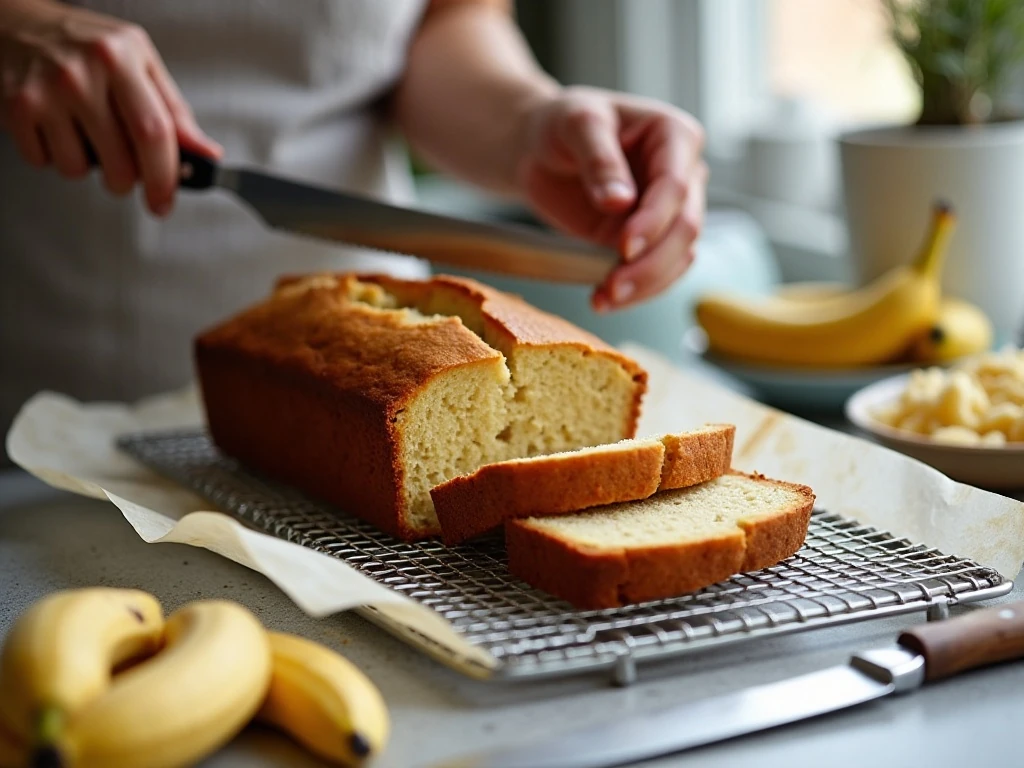 Cheesecake banana bread cooling on a wire rack