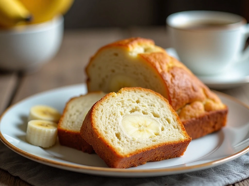 A neat slice of cheesecake banana bread served with coffee