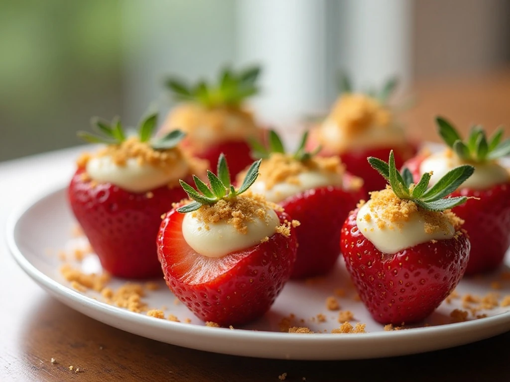 Platter of easy cheesecake stuffed strawberries with graham-cracker crumbs