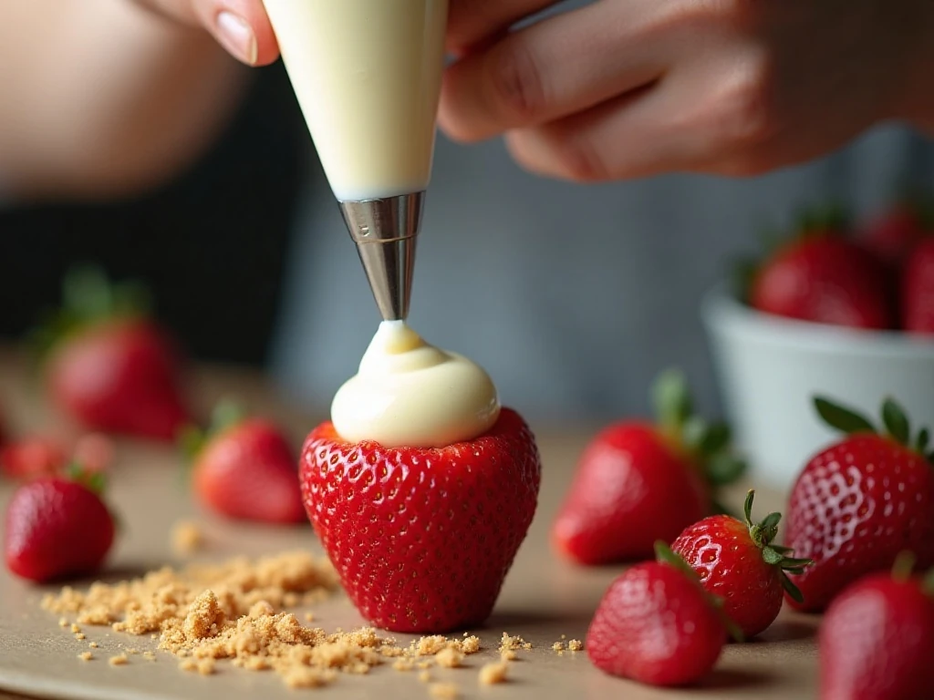 Piping cheesecake filling into hollowed strawberries