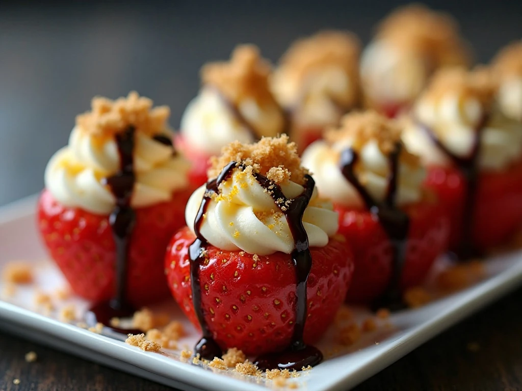 Cheesecake stuffed strawberries with chocolate drizzle and lemon zest