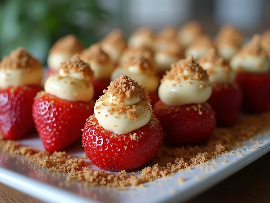 Chilled cheesecake stuffed strawberries arranged for serving