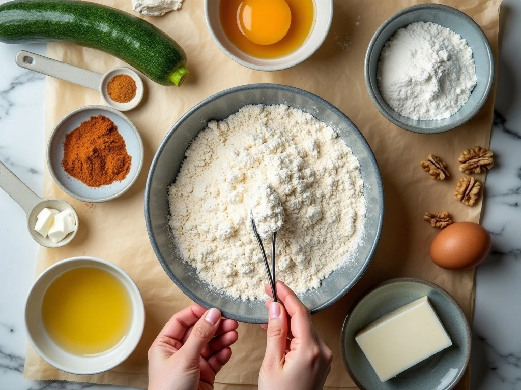 Ingredients for cheesecake zucchini bread arranged for baking