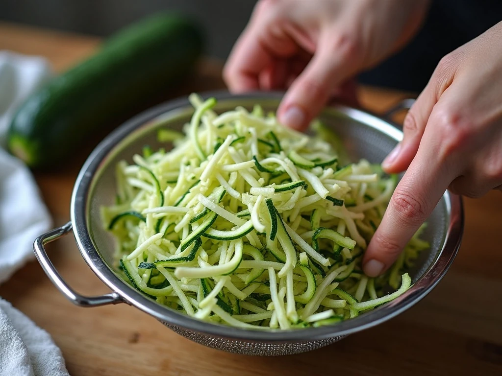 Finely shredded zucchini being lightly drained for moist zucchini bread