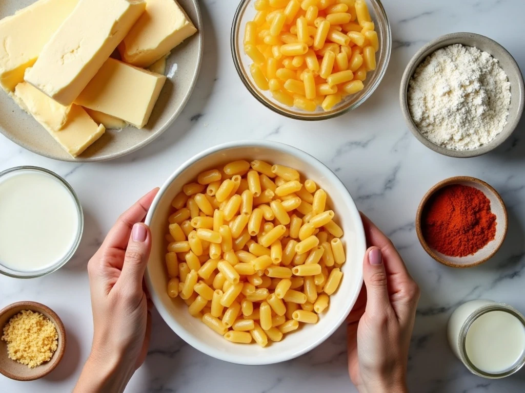 Ingredients for creamy macaroni and cheese with cheddar and Gruyere